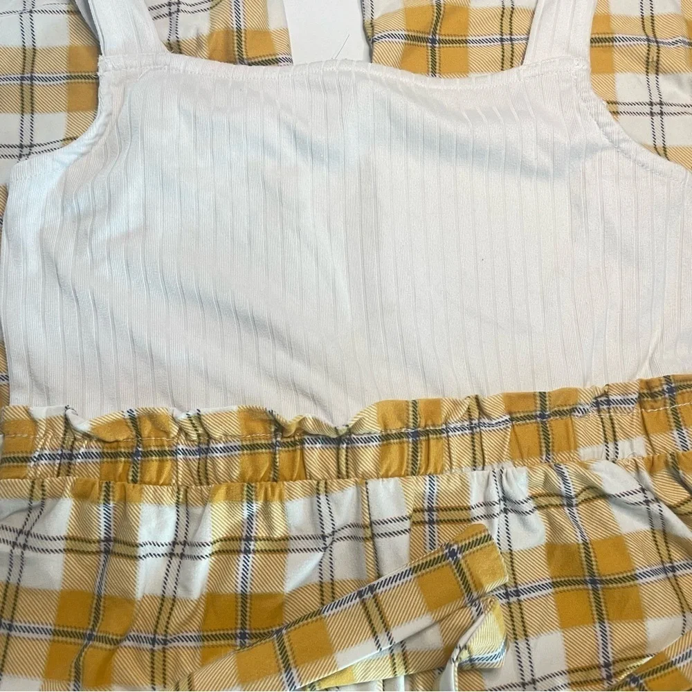 No Comment Girls 16 XXL White and Yellow Plaid Jumpsuit Hemmed Straps PRELOVED